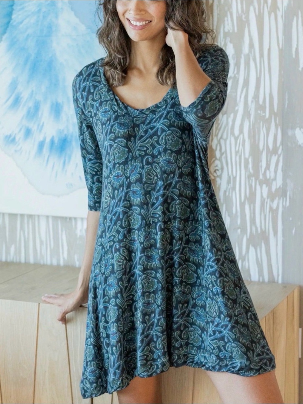 Natural Life - All Day Buttersoft Navy Floral Short Sleeve Boho Shirt Dress M